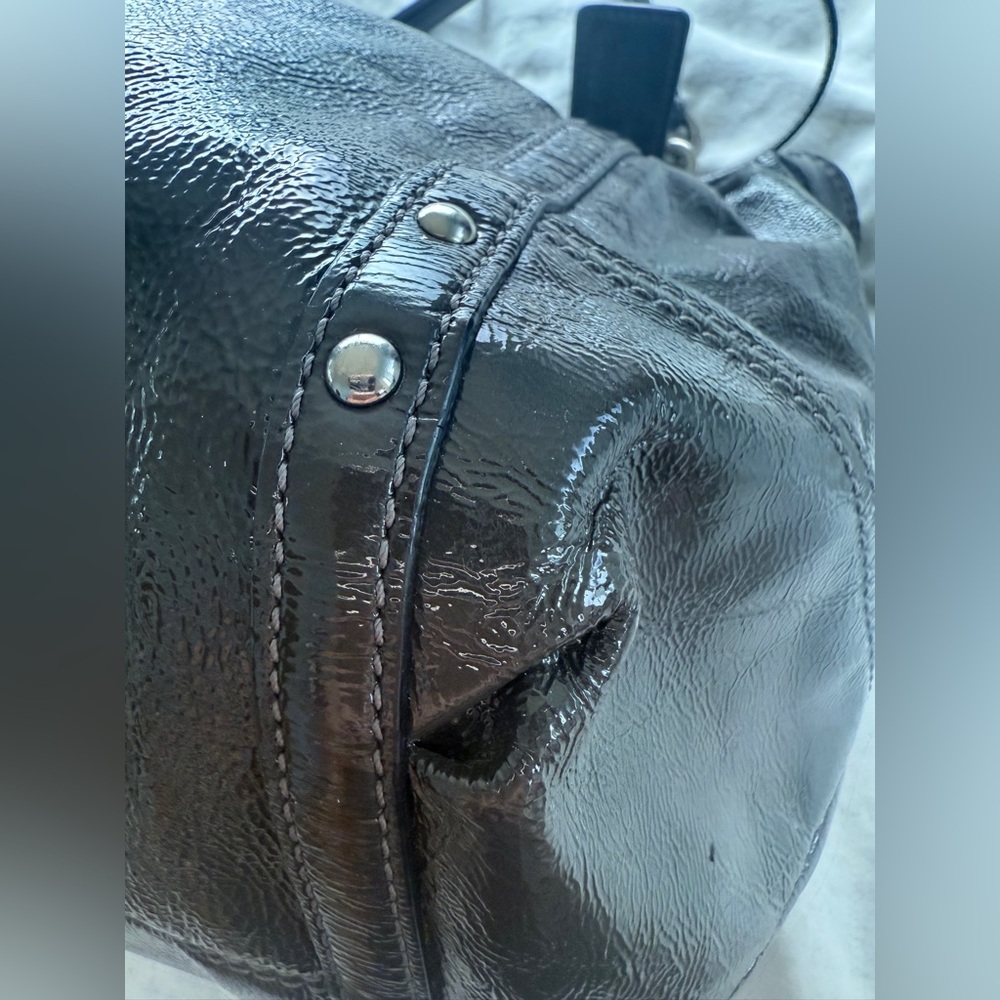 Coach Dark Brown Patent Leather Shoulder Bag with Silver-Tone Hardware - Picture 8 of 13